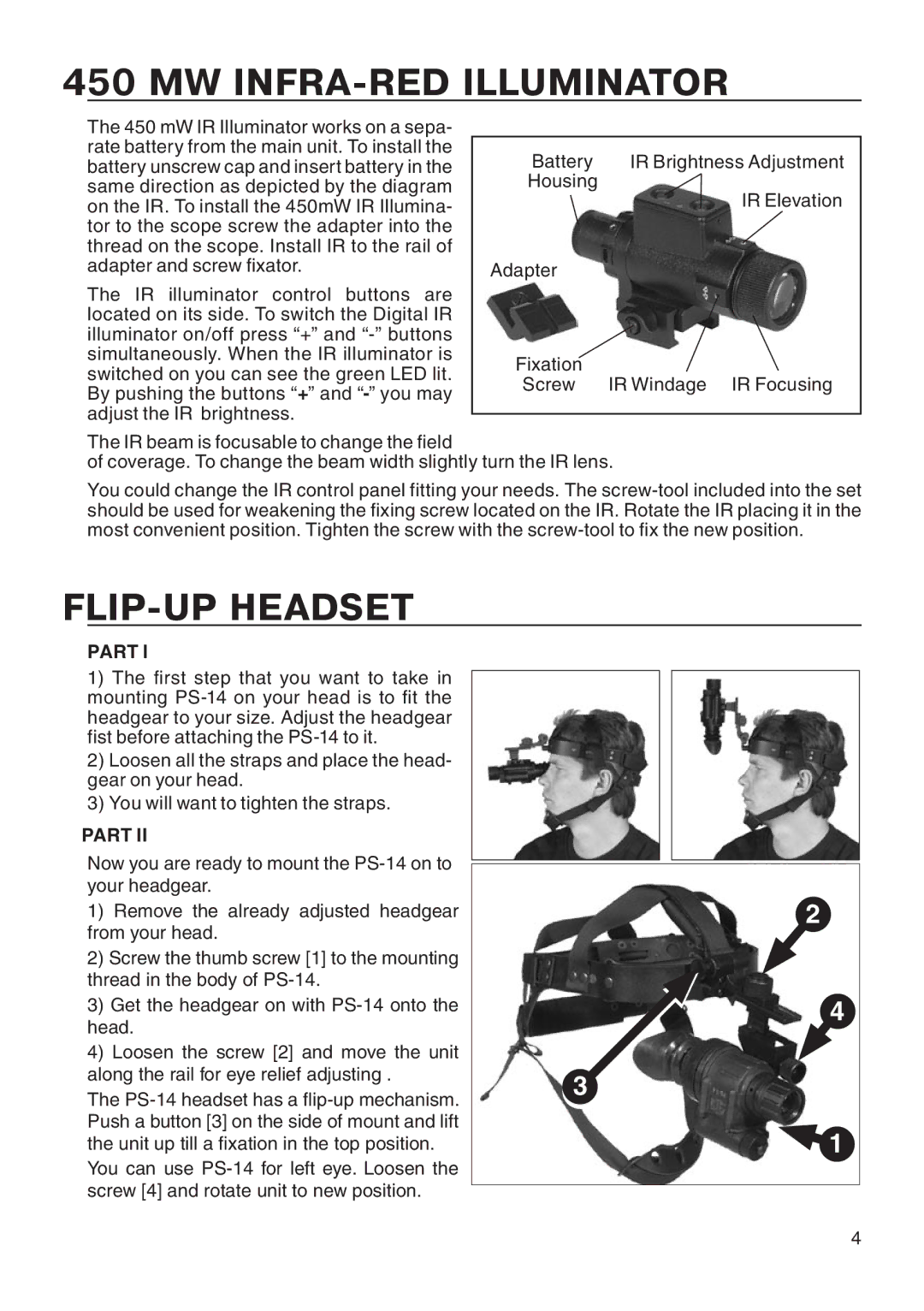 ATN ATN PS14 manual MW INFRA-RED Illuminator, FLIP-UP Headset, Part 