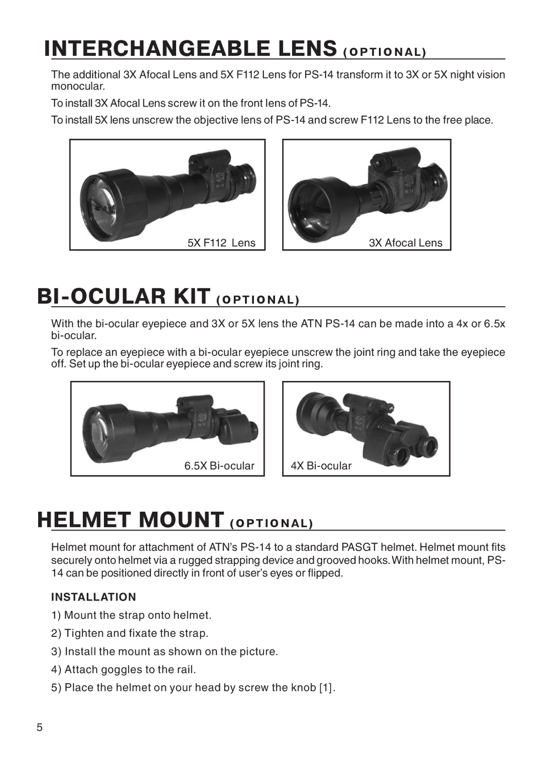 ATN ATN PS14 manual Interchangeable Lens Optional, BI-OCULAR KIT Optional, Helmet Mount Optional, Installation 