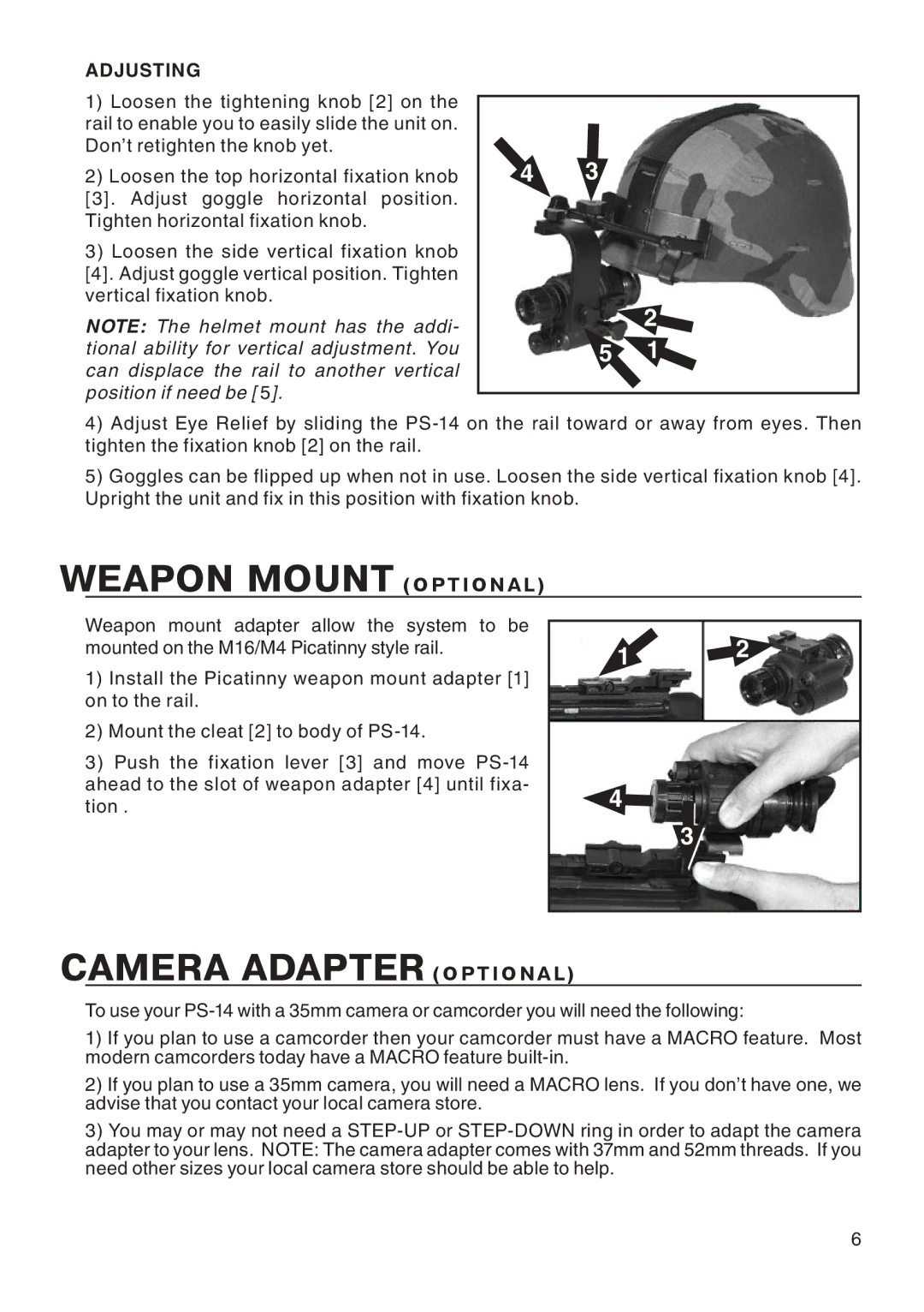 ATN ATN PS14 manual Weapon Mount Optional, Camera Adapter Optional, Adjusting 