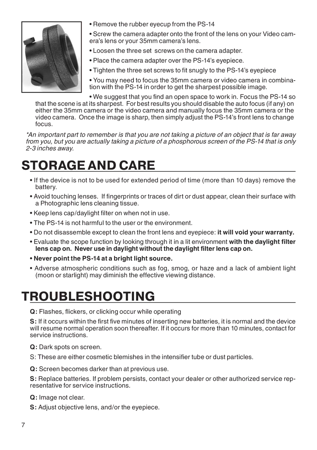 ATN ATN PS14 manual Storage and Care, Troubleshooting 