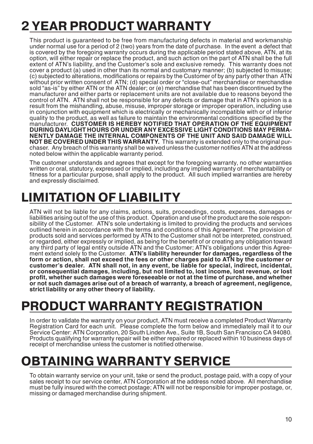 ATN ATNPS-14 Year Product Warranty, Limitation of Liability, Product Warranty Registration, Obtaining Warranty Service 