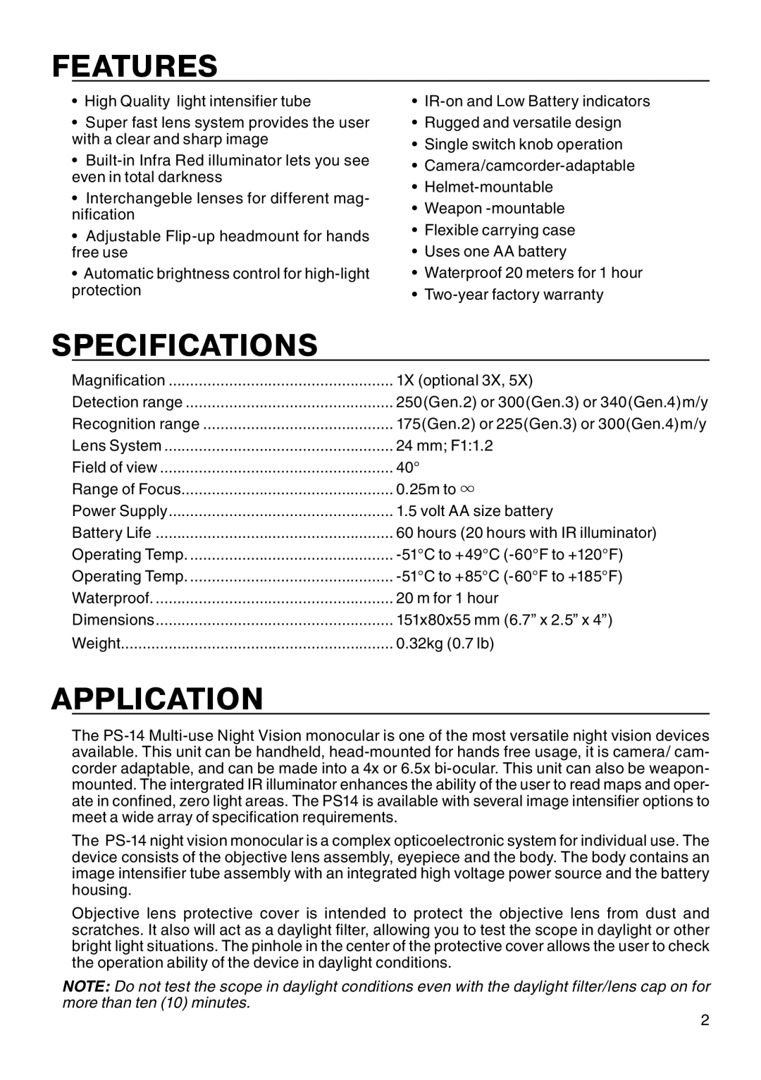 ATN ATNPS-14 manual Features, Specifications, Application 