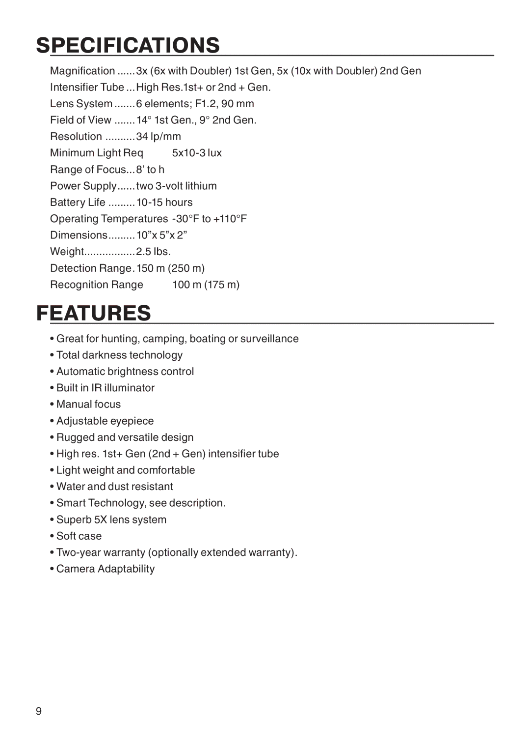 ATN Binocular manual Specifications, Features 