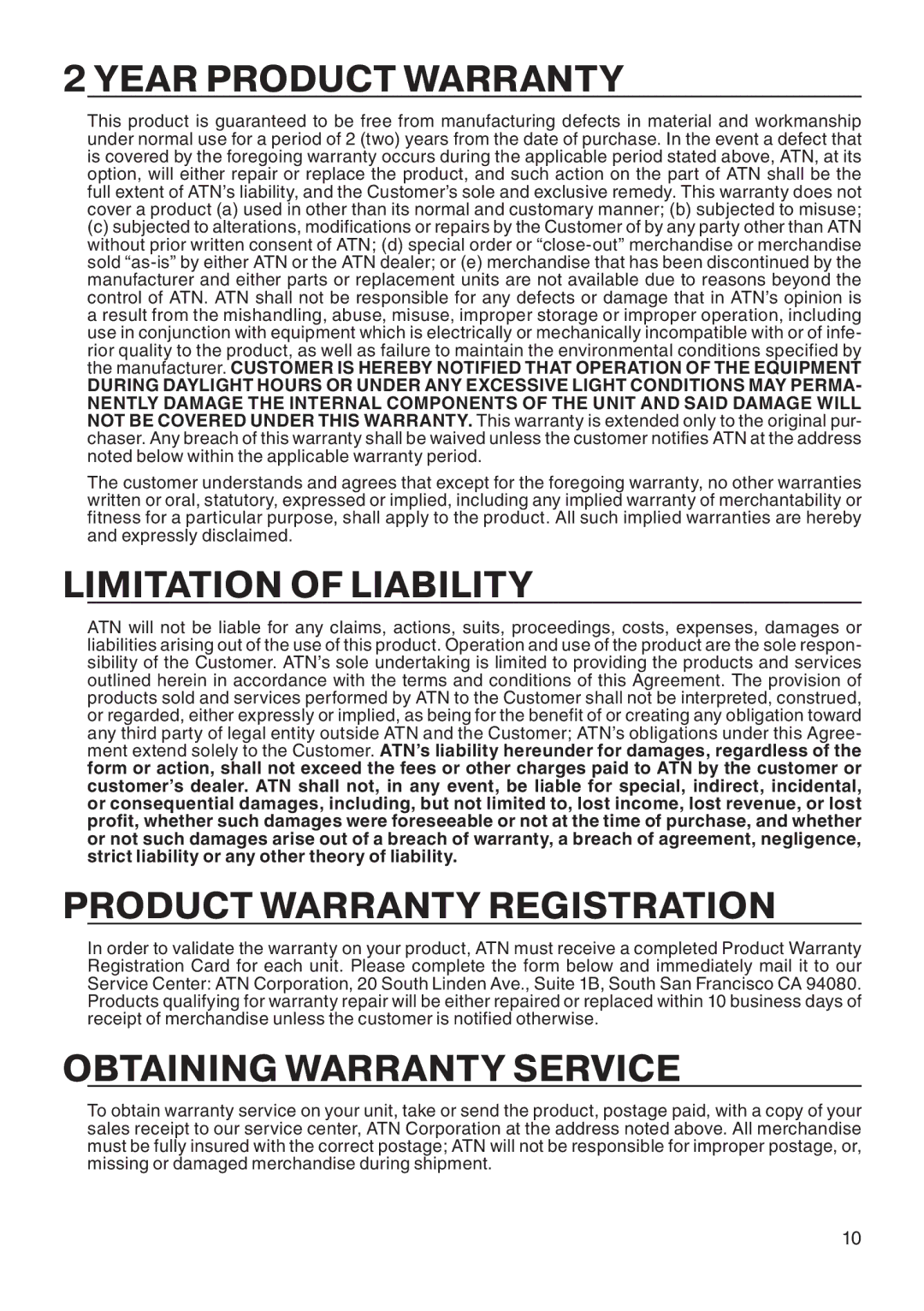 ATN Binocular Year Product Warranty, Limitation of Liability, Product Warranty Registration, Obtaining Warranty Service 