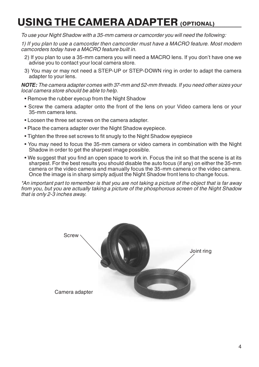 ATN Binocular manual Using the Camera Adapter Optional 