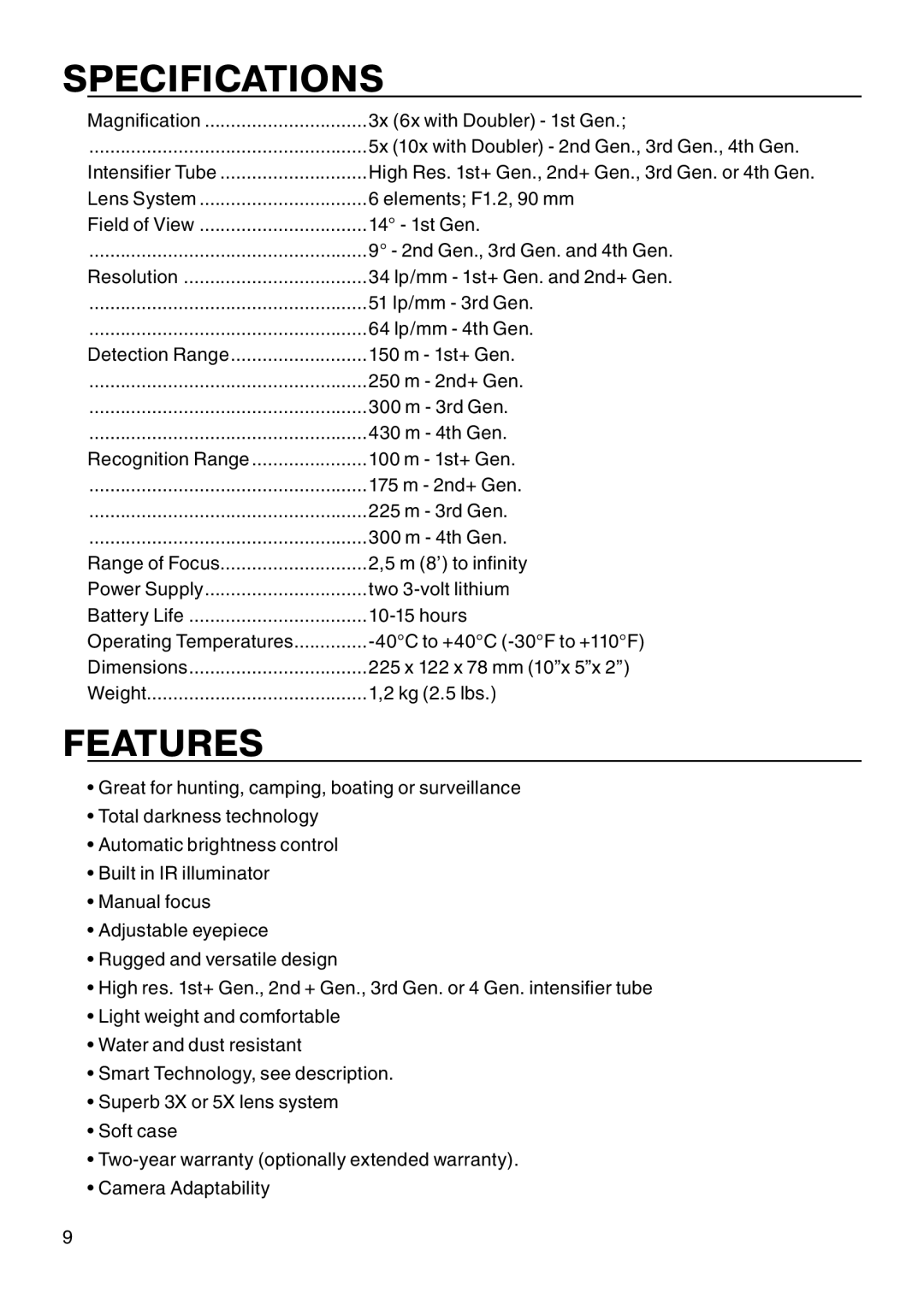 ATN Biocular manual Specifications, Features 