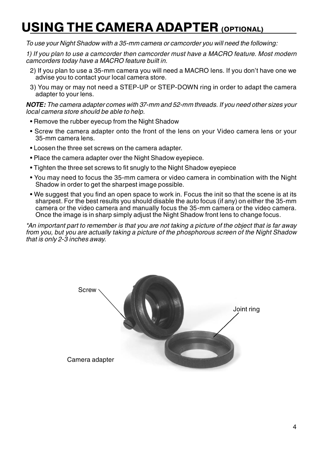 ATN Biocular manual Using the Camera Adapter Optional 