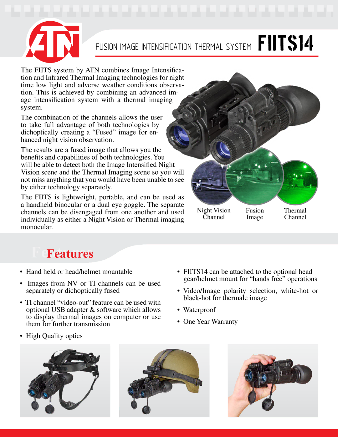 ATN warranty FeaturesFeatures, Fusion Image Intensification Thermal System FIITS14 