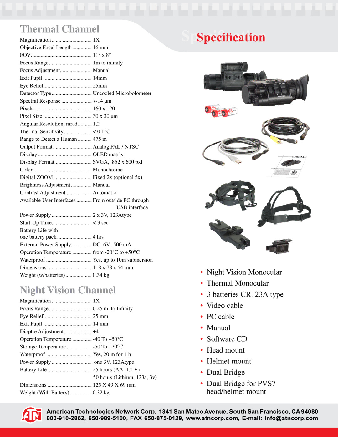 ATN FIITS14 warranty SpecificationSpecification, Thermal Channel, Night Vision Channel, Fov 