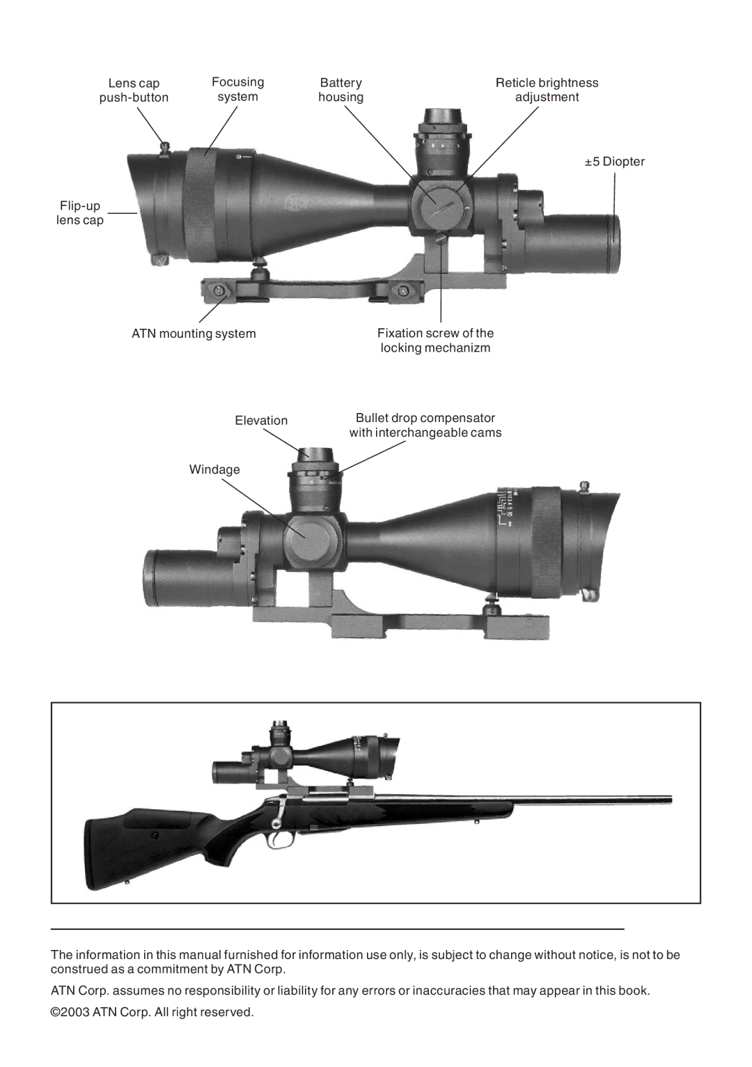 ATN, Inc Army Mil-Dot, 10x65Z manual Lens cap Focusing Battery Reticle brightness Push-button 