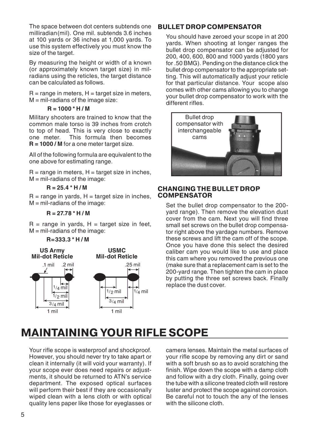 ATN, Inc Army Mil-Dot, 10x65Z manual Maintaining Your Rifle Scope, Changing the Bullet Drop Compensator 