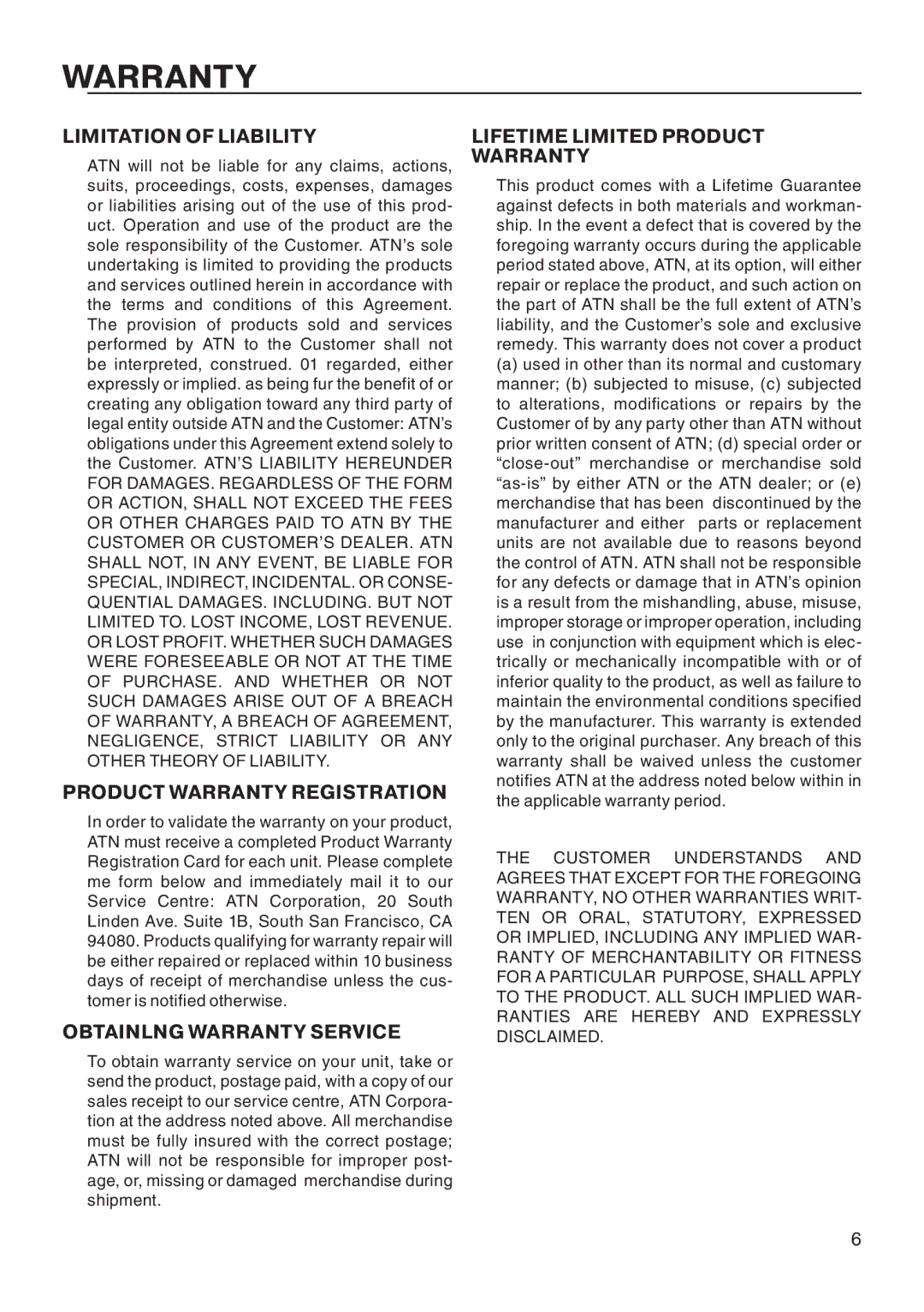 ATN, Inc 10x65Z, Army Mil-Dot manual Limitation of Liability, Product Warranty Registration, Obtainlng Warranty Service 