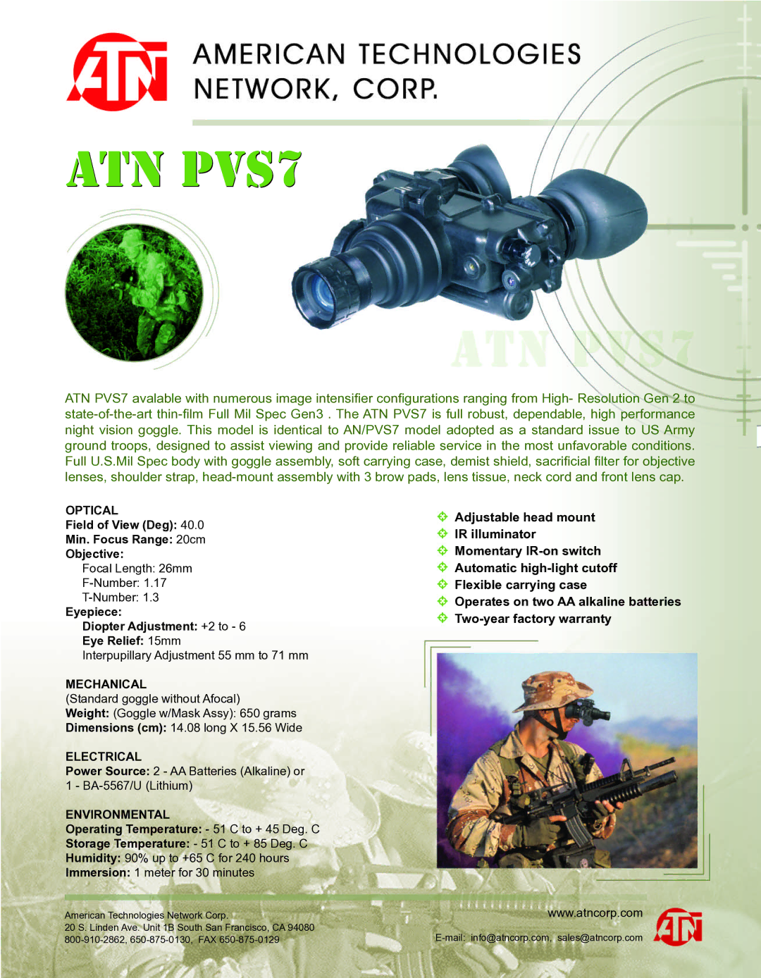 ATN, Inc PVS7 manual ATN pvs7, Optical, Mechanical, Electrical, Environmental 