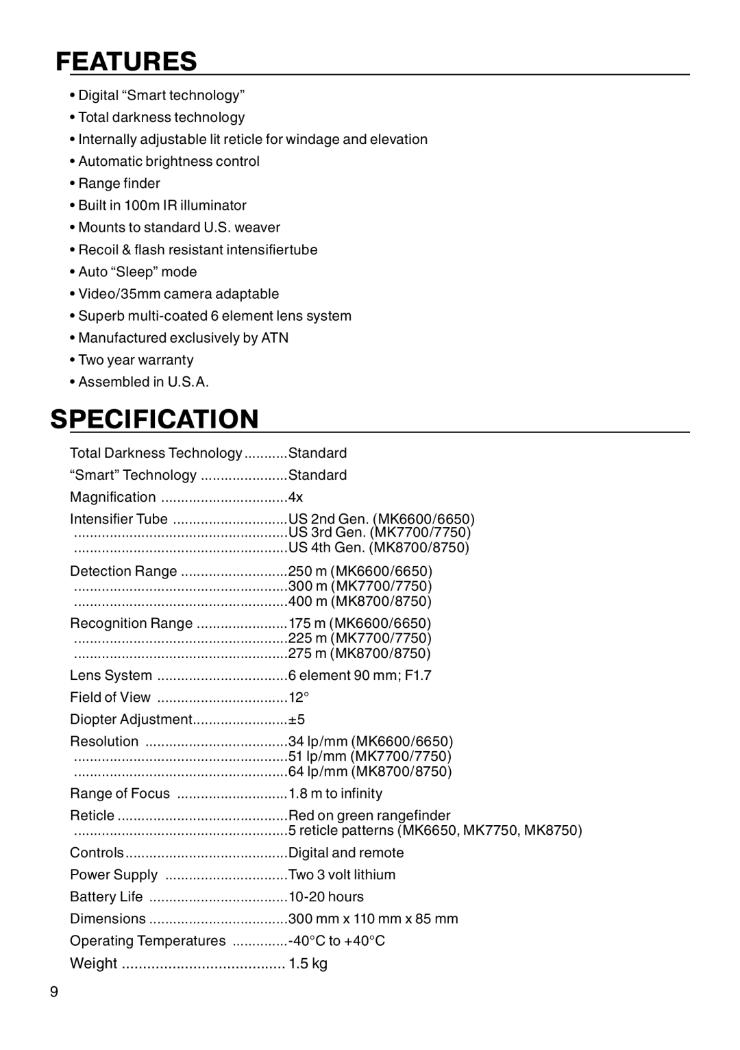 ATN MK 6600 manual Features, Specification 