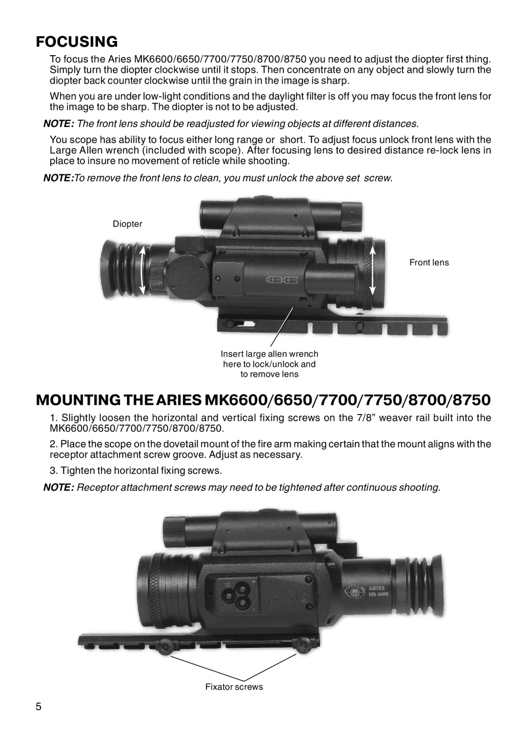 ATN MK 6600 manual Focusing, Mounting the Aries MK6600/6650/7700/7750/8700/8750 