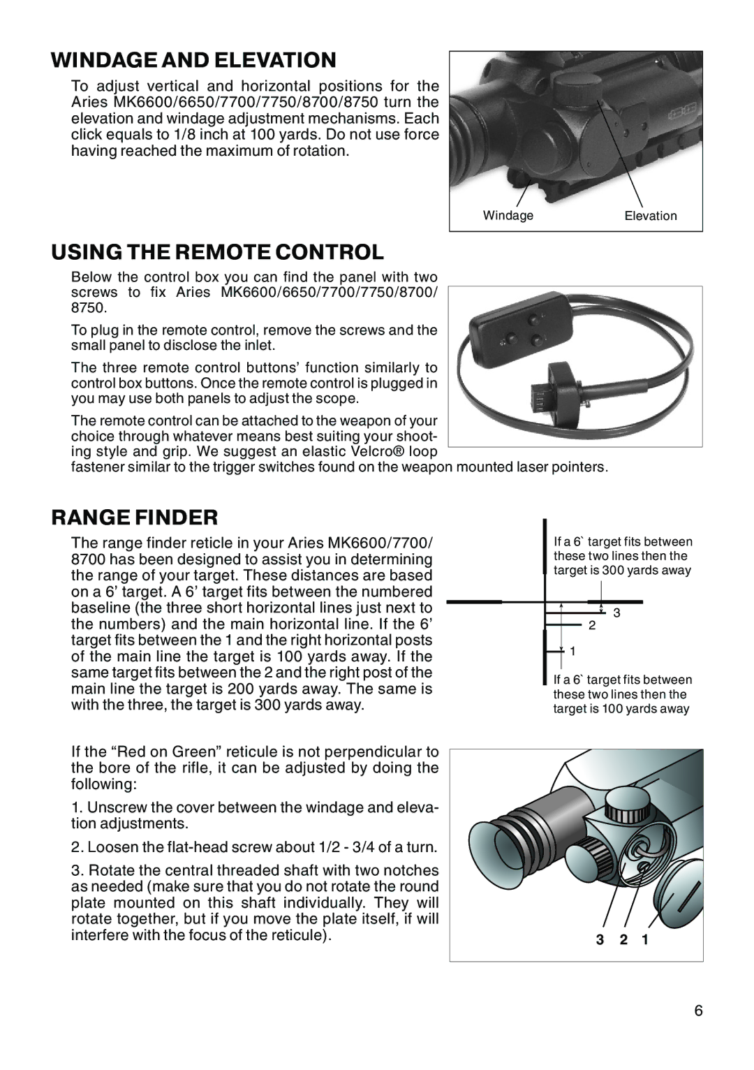 ATN MK 6600 manual Windage and Elevation, Using the Remote Control, Range Finder 