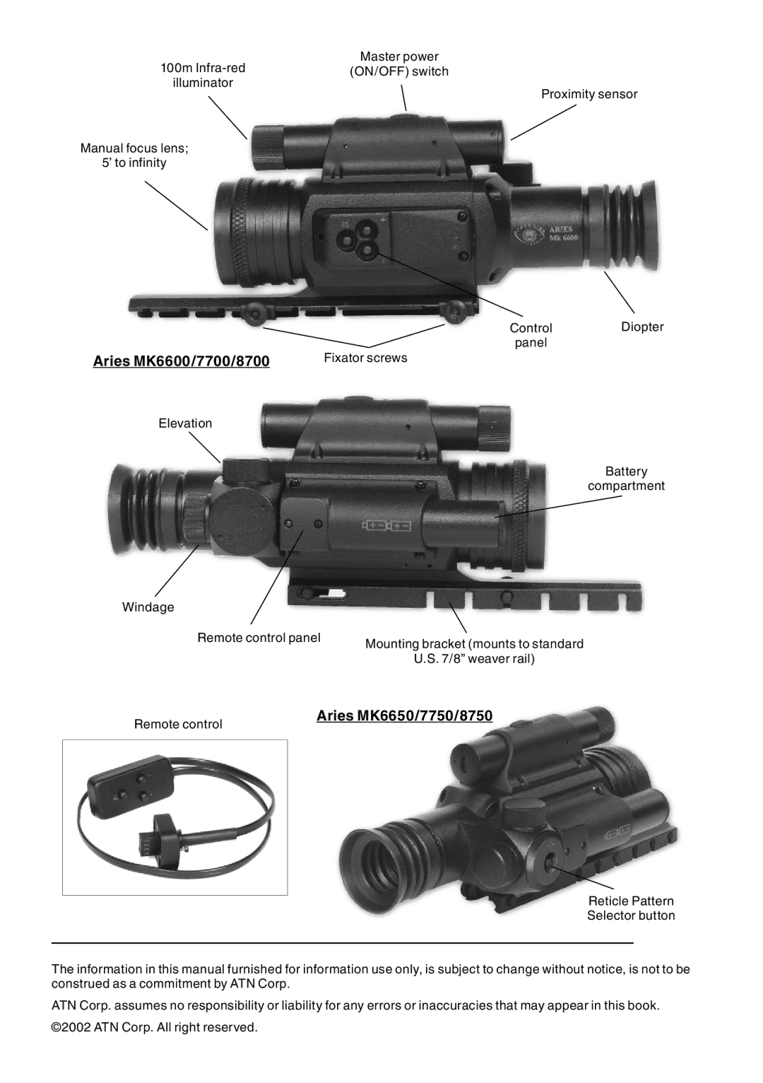 ATN MK 6650, MK 7750, MK 8700, MK 7700, MK 8750 manual Aries MK6600/7700/8700 