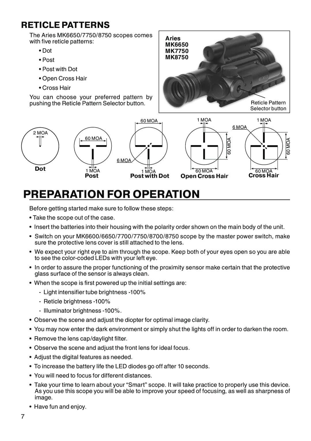 ATN MK 7700, MK 7750, MK 8700, MK 6650, MK 8750 manual Preparation for Operation, Reticle Patterns 