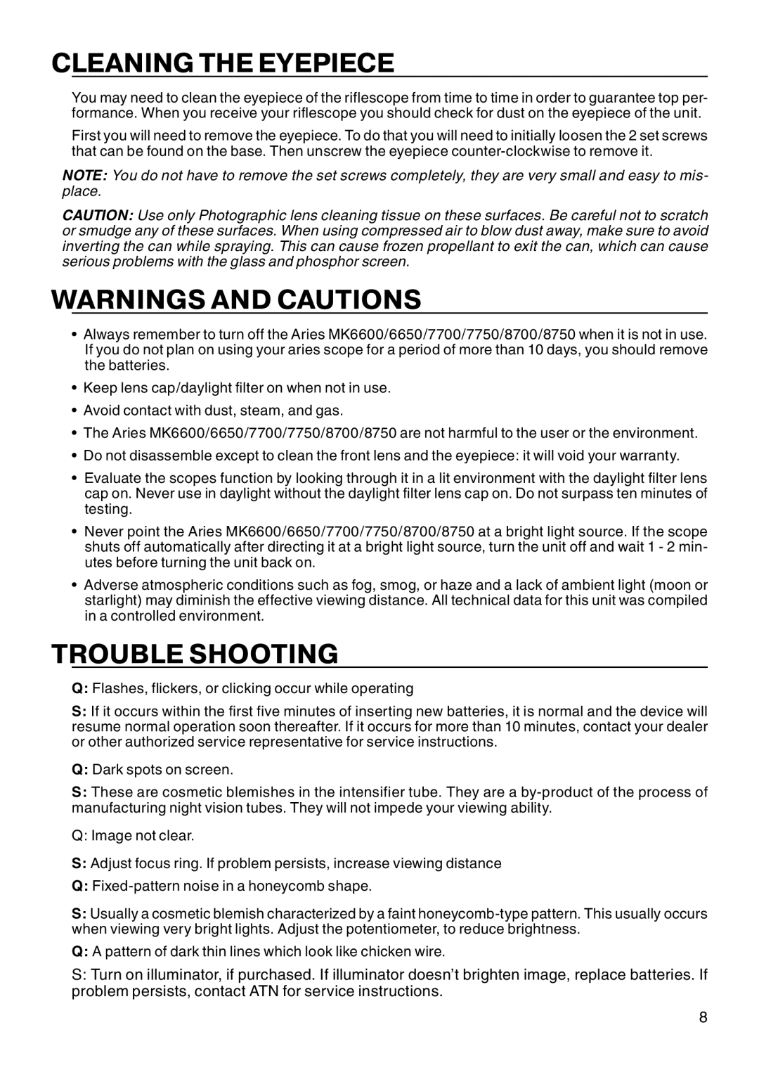 ATN MK 8750, MK 7750, MK 8700, MK 6650, MK 7700 manual Cleaning the Eyepiece, Trouble Shooting 