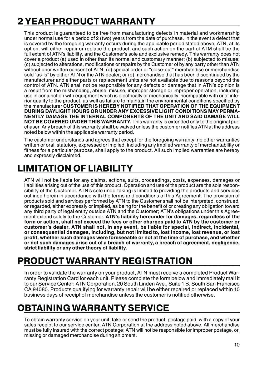 ATN MK 8700 Year Product Warranty, Limitation Of Liability, Product Warranty Registration, Obtaining Warranty Service 