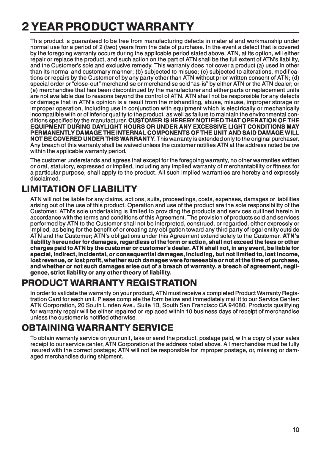 ATN Mk6500 manual Year Product Warranty, Limitation Of Liability, Product Warranty Registration, Obtaining Warranty Service 