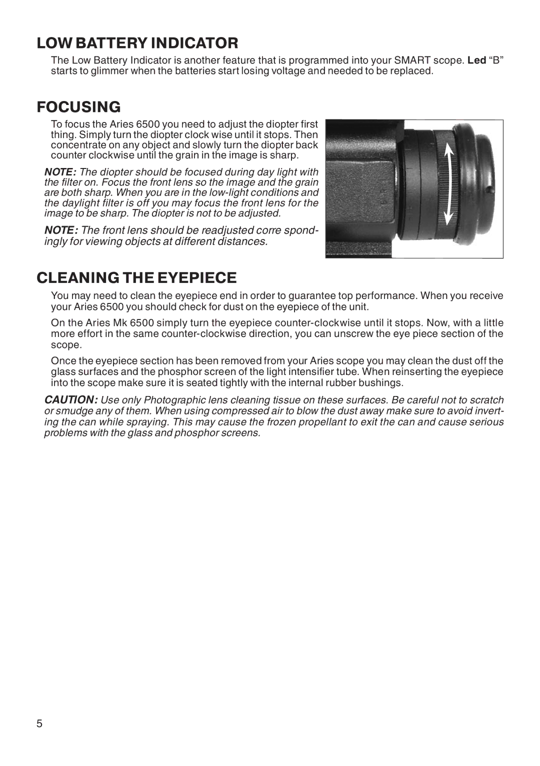 ATN Mk6500 manual LOW Battery Indicator, Focusing, Cleaning the Eyepiece 