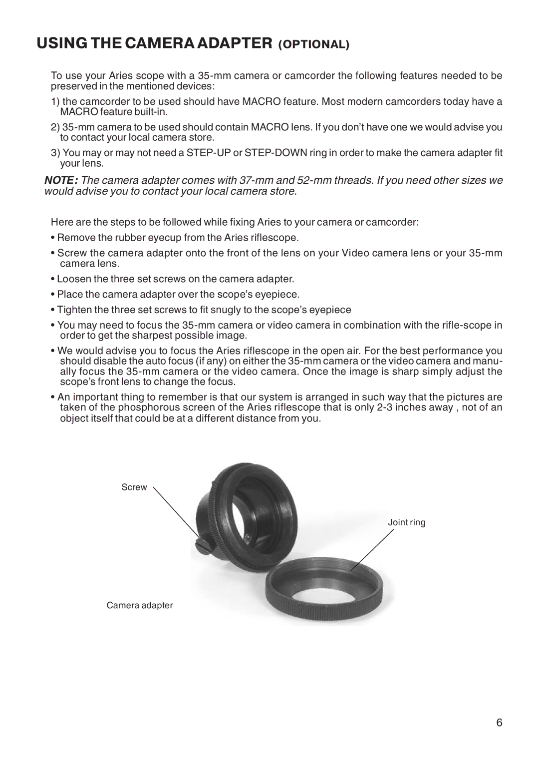 ATN Mk6500 manual Using the Camera Adapter Optional 