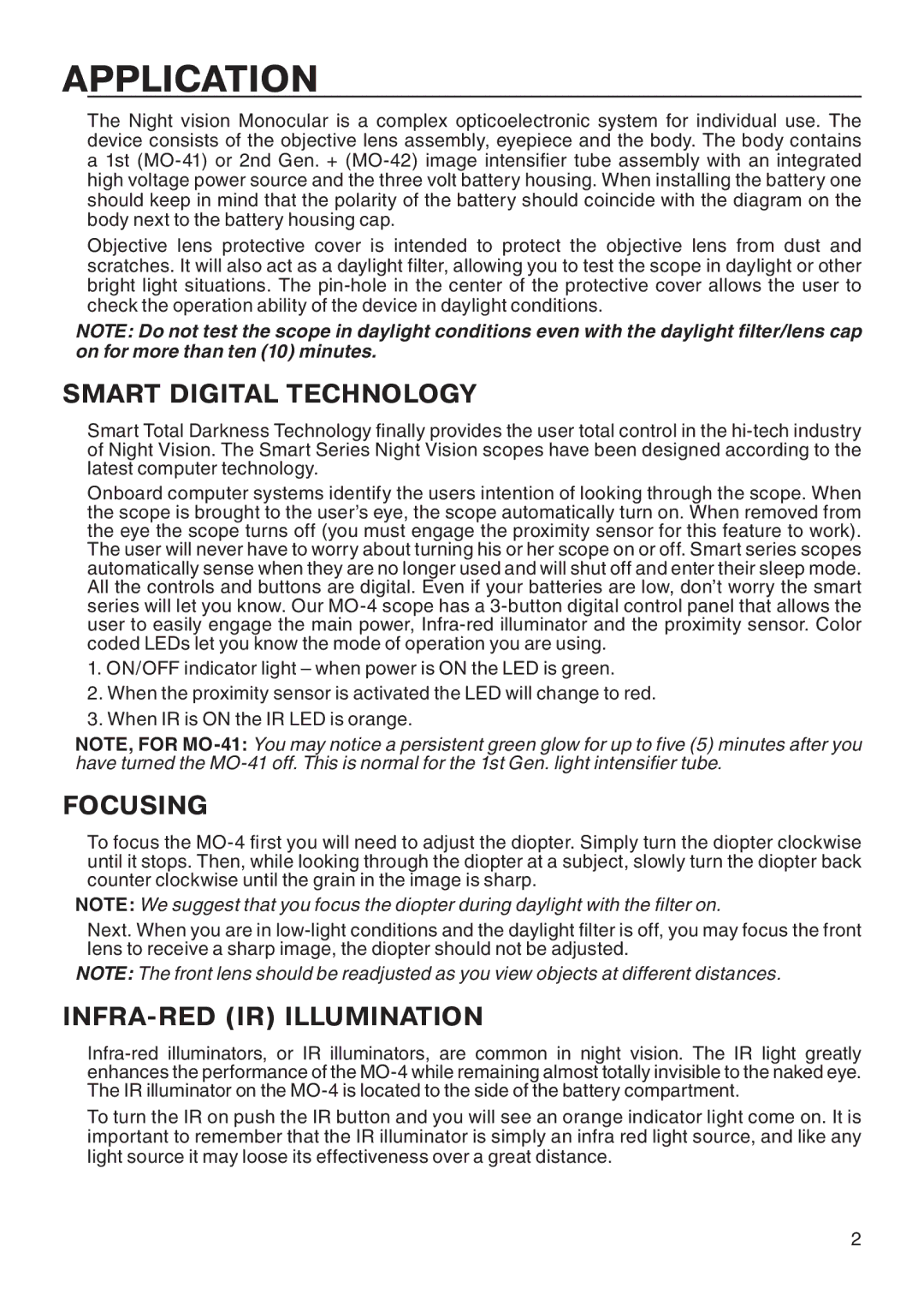 ATN MO-4 manual Application, Smart Digital Technology, Focusing, INFRA-RED IR Illumination 