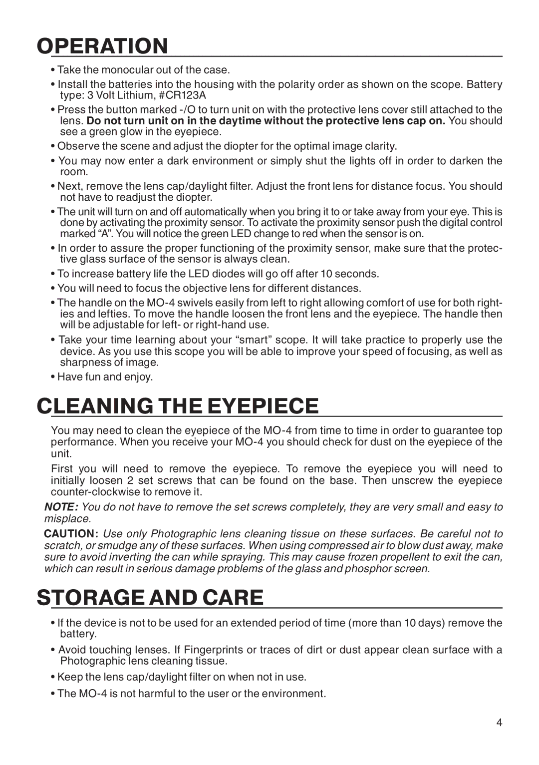 ATN MO-4 manual Operation, Cleaning the Eyepiece, Storage and Care 