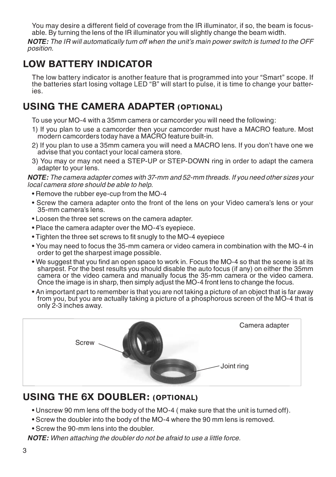 ATN MO-4 manual LOW Battery Indicator, Using the Camera Adapter Optional, Using the 6X Doubler Optional 