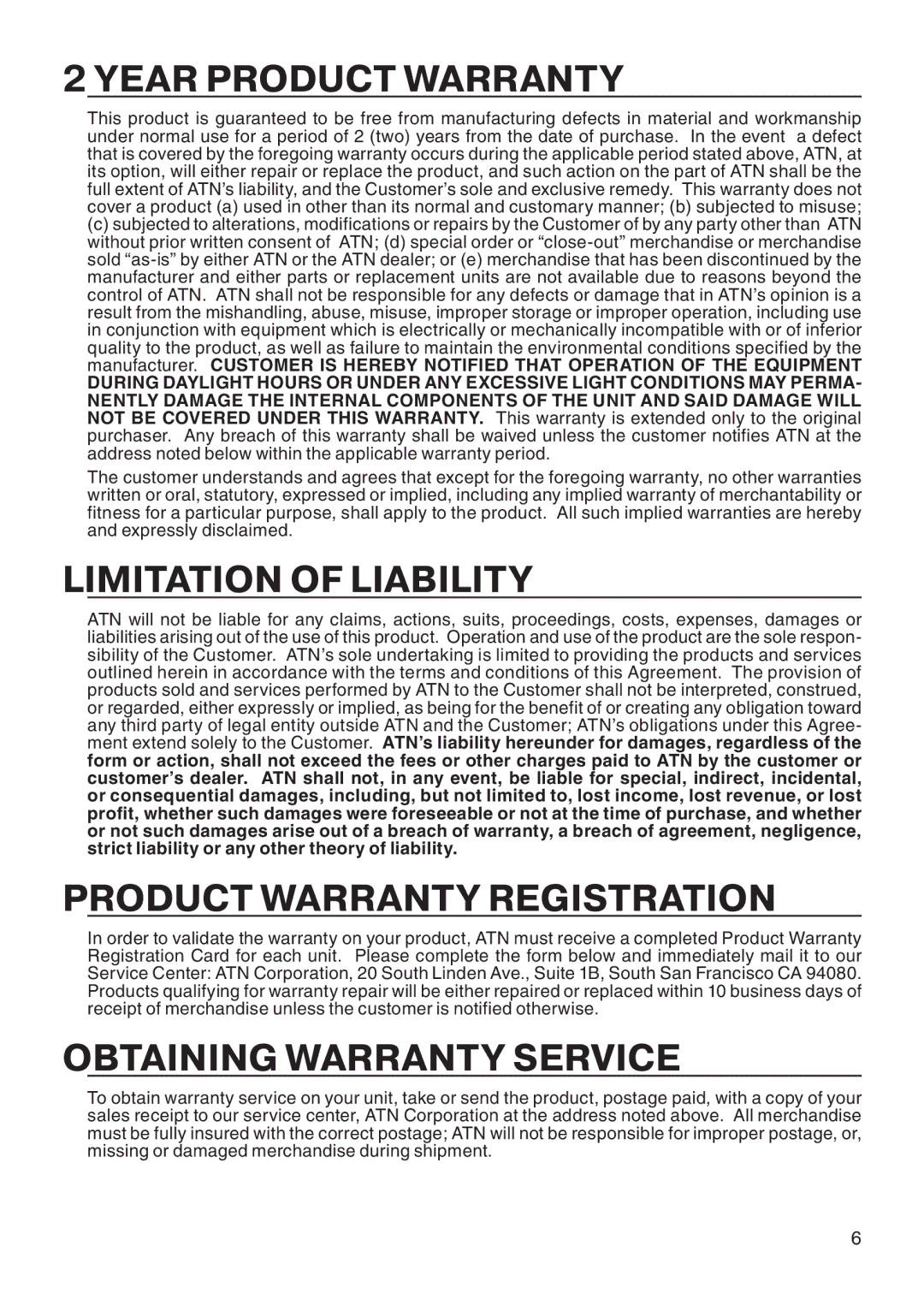 ATN MO-4 manual Year Product Warranty, Limitation of Liability, Product Warranty Registration, Obtaining Warranty Service 