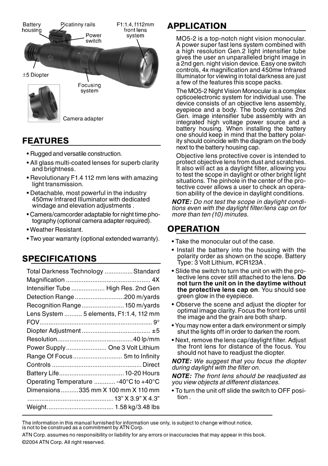 ATN MO5-2 manual Features, Specifications, Application, Operation 