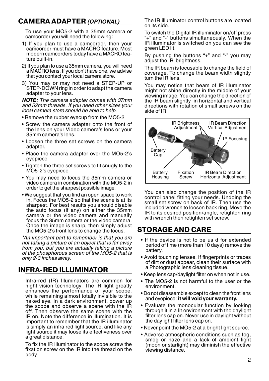 ATN MO5-2 manual Camera Adapter Optional, INFRA-RED Illuminator, Storage and Care 