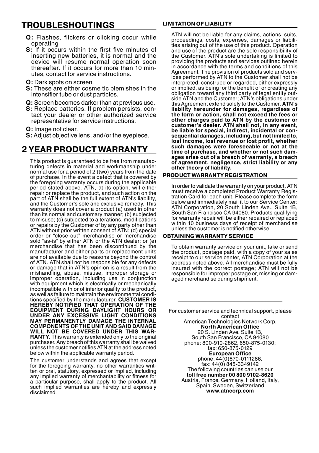 ATN MO5-2 manual Troubleshoutings, Year Product Warranty 