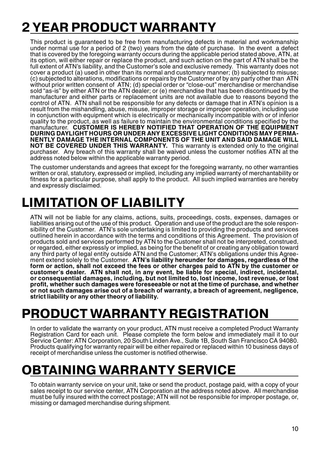 ATN Night Patriot manual Year Product Warranty, Limitation Of Liability, Product Warranty Registration 