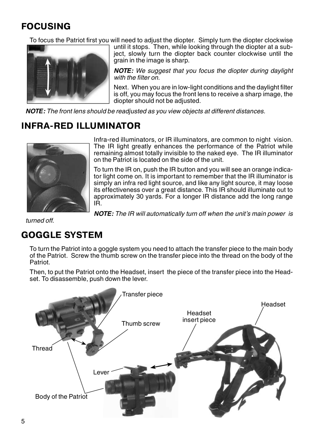 ATN Night Patriot manual Focusing, Infra-Redilluminator, Goggle System 