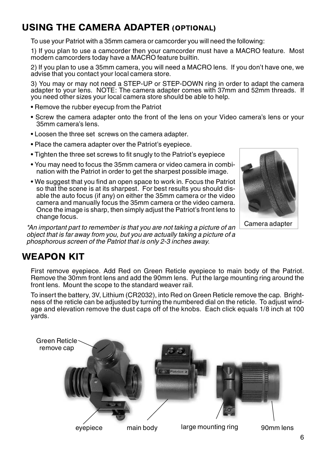 ATN Night Patriot manual Using The Camera Adapter Optional, Weapon Kit 