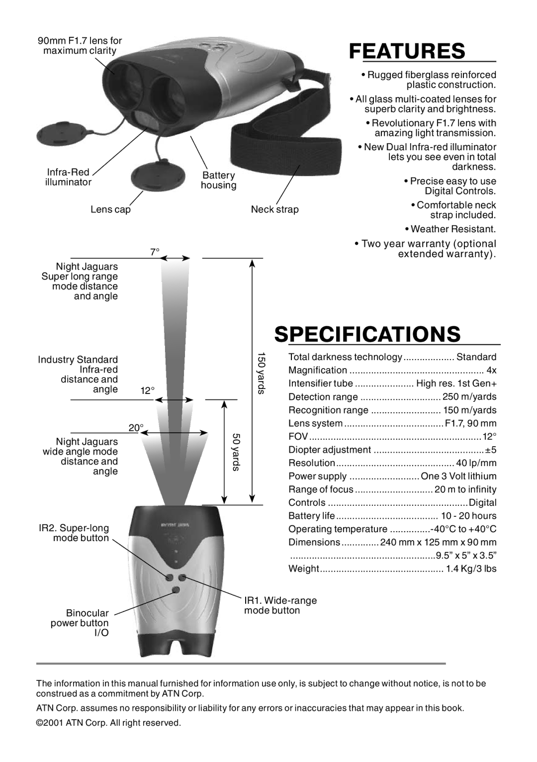 ATN Night Vision Binocular manual Specifications 