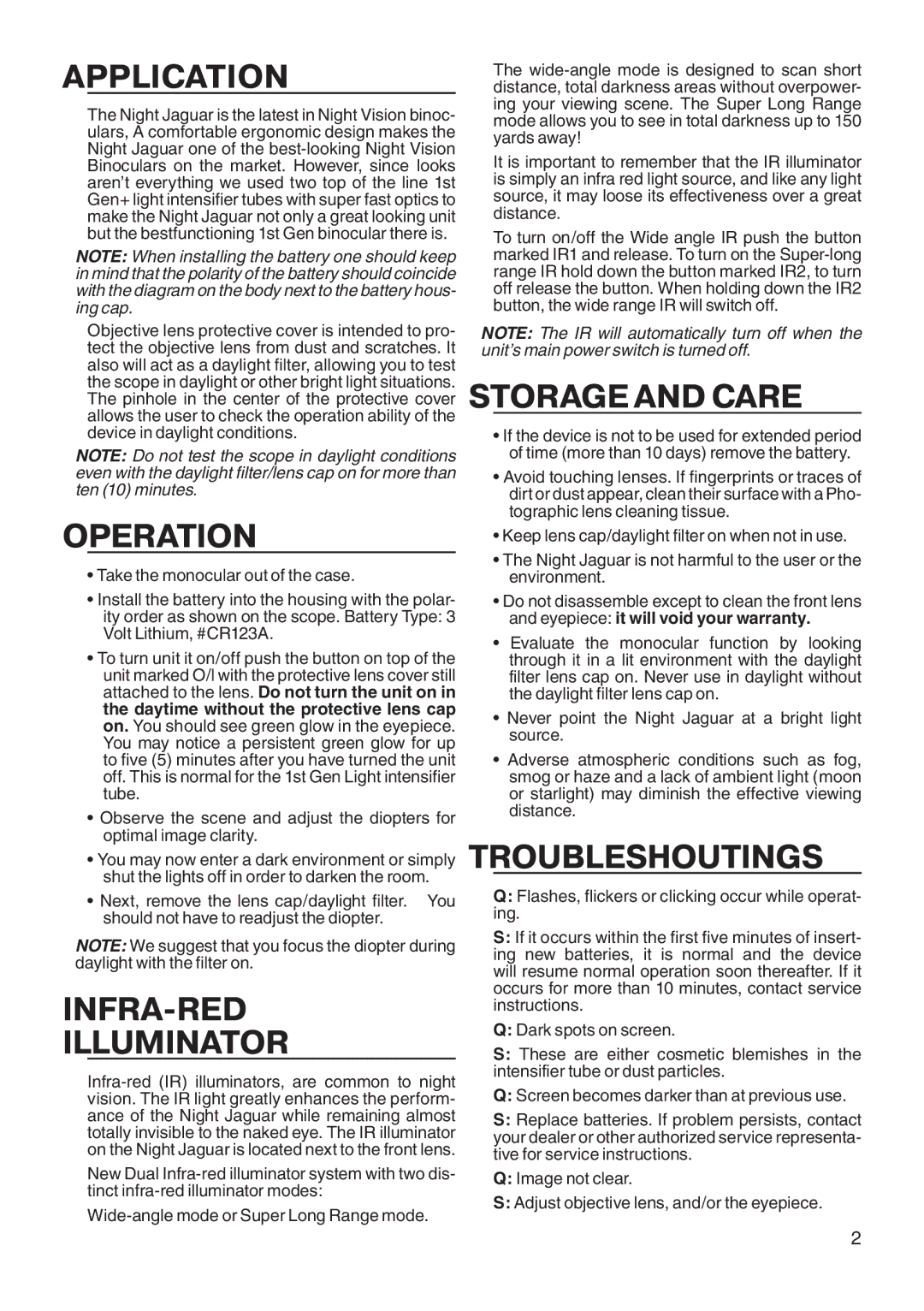 ATN Night Vision Binocular manual Application, Operation, INFRA-RED Illuminator, Storage and Care, Troubleshoutings 