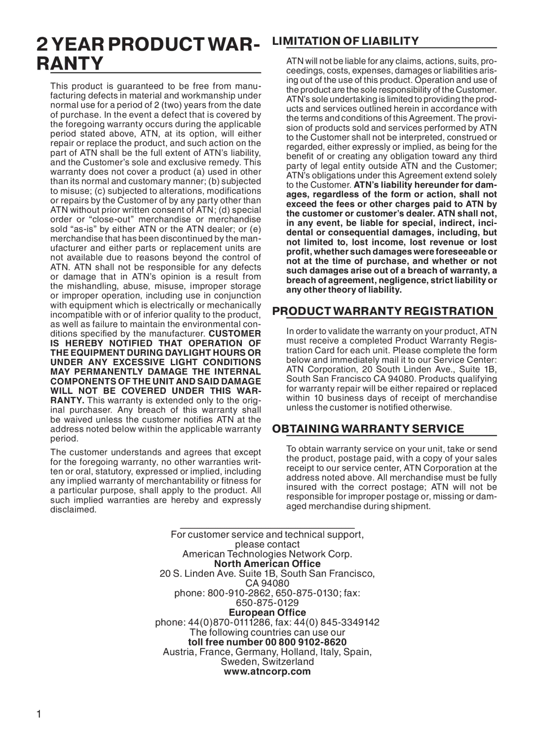 ATN Night Vision Binocular manual Year Product WAR- Ranty, Limitation of Liability 