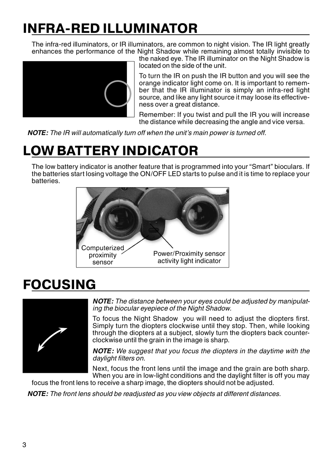 ATN Night Vision Biocular manual INFRA-RED Illuminator, LOW Battery Indicator, Focusing 