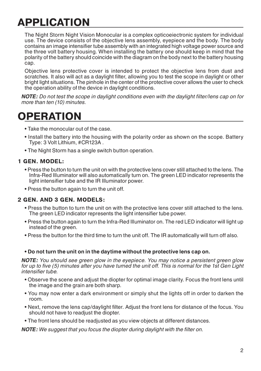 ATN NIGHT VISION MONOCULAR manual Application, Operation 