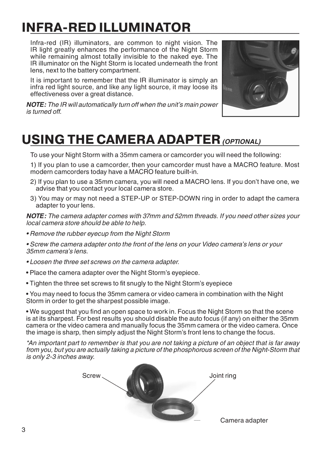 ATN NIGHT VISION MONOCULAR manual INFRA-RED Illuminator, Using the Camera Adapteroptional 