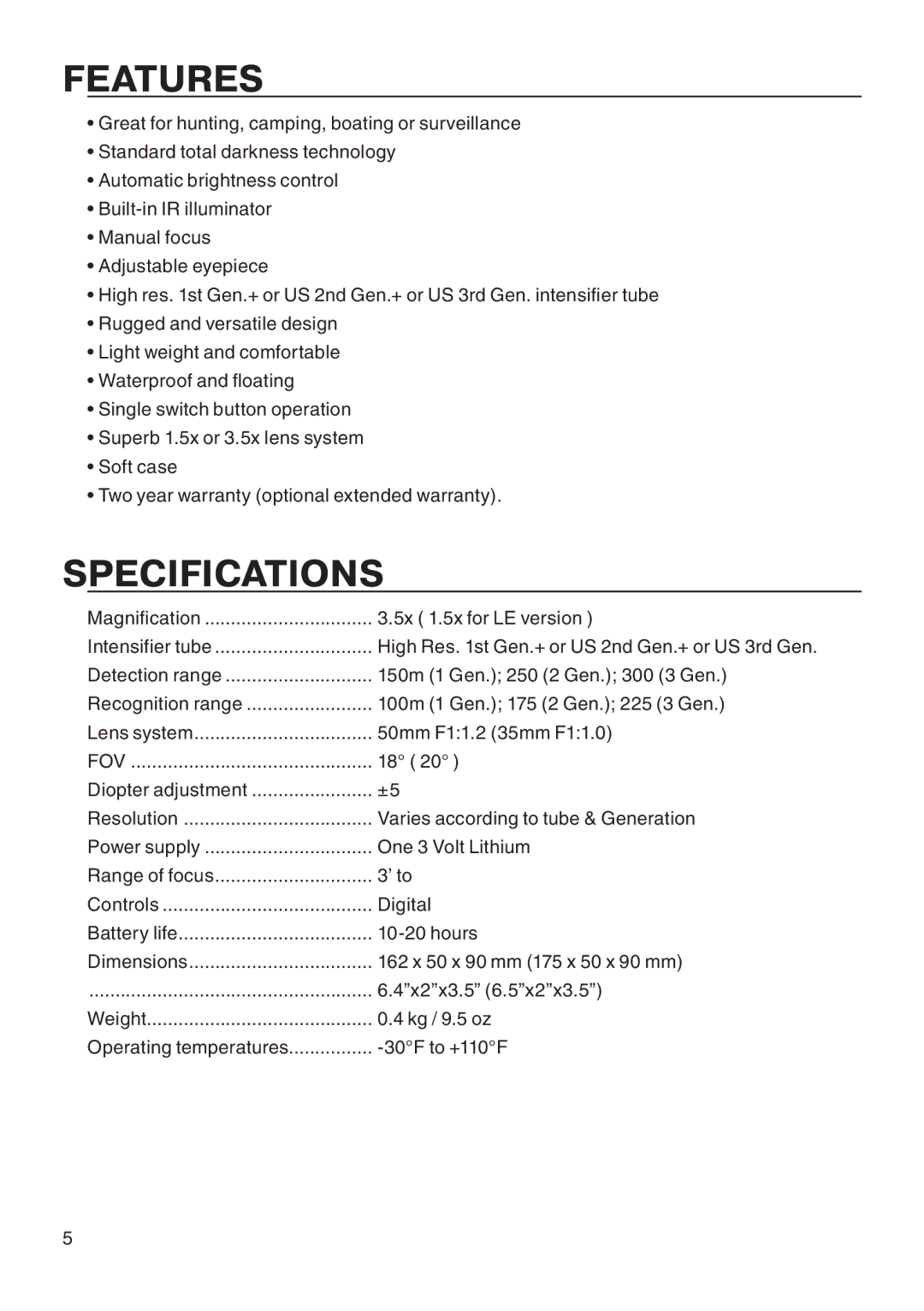 ATN NIGHT VISION MONOCULAR manual Features, Specifications 