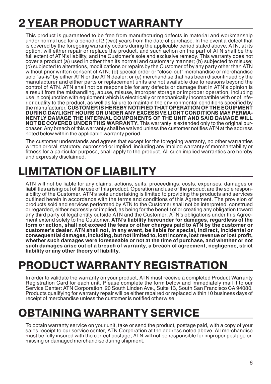 ATN NIGHT VISION MONOCULAR manual Year Product Warranty, Limitation of Liability, Product Warranty Registration 