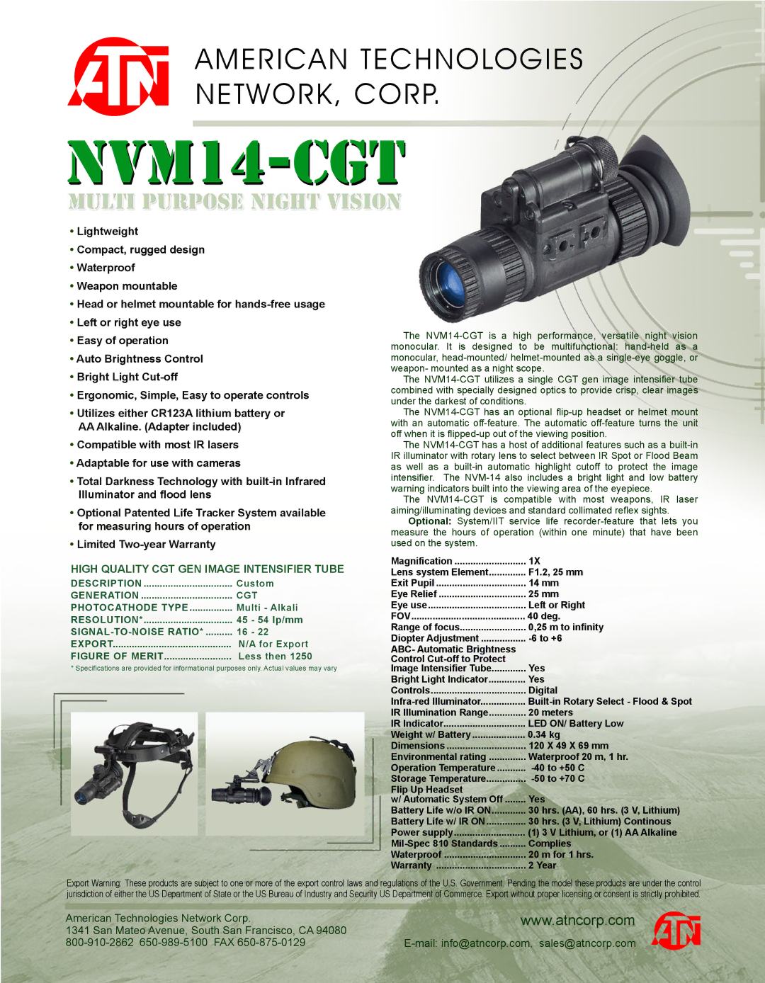 ATN NVM -14-CGT warranty NVM14-CGT, High Quality CGT GEN Image Intensifier Tube 