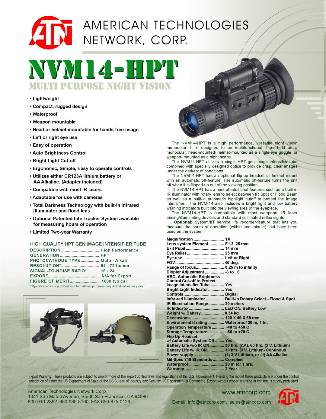 ATN NVM14-PT warranty NVM14-HPT, American Technologies Network, Corp, Ergonomic, Simple, Easy to operate controls 