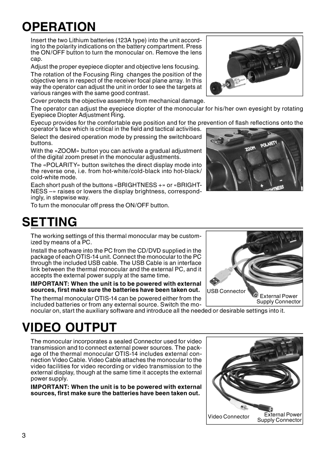 ATN OTIS-14 manual Operation, Setting, Video output 