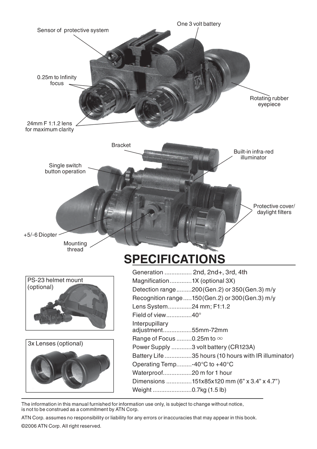 ATN PS-23 manual Specifications, 7kg 1.5 lb 