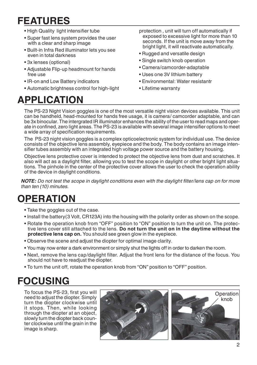 ATN PS-23 manual Features, Application, Operation, Focusing 